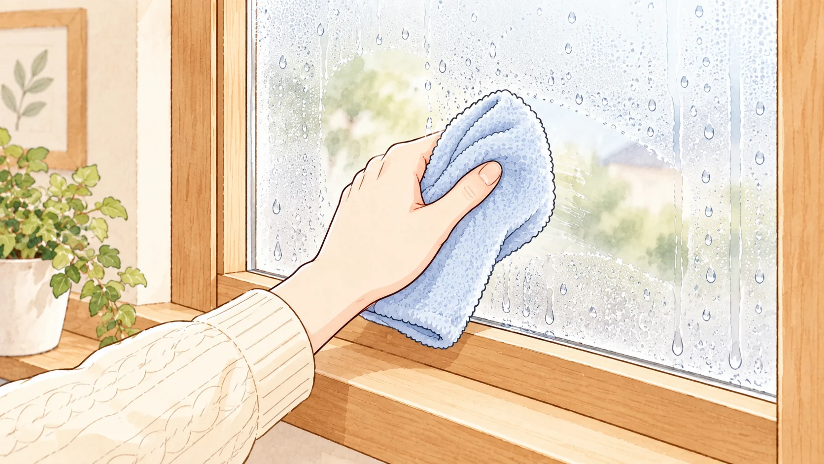 吸水用の布で窓の室内側の水滴を拭き取る手元