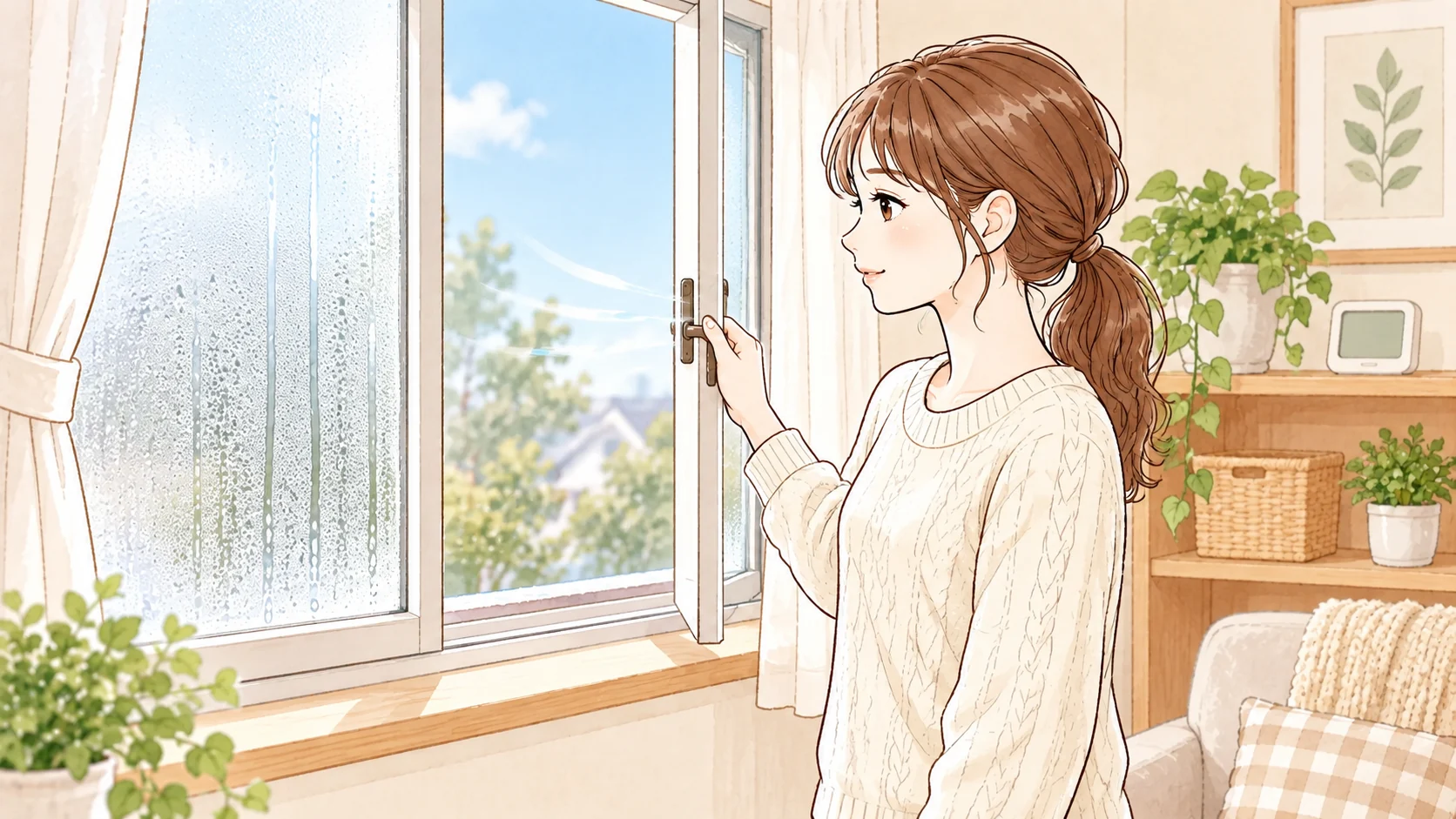 窓を開けて換気する女性と、室内の温湿度計