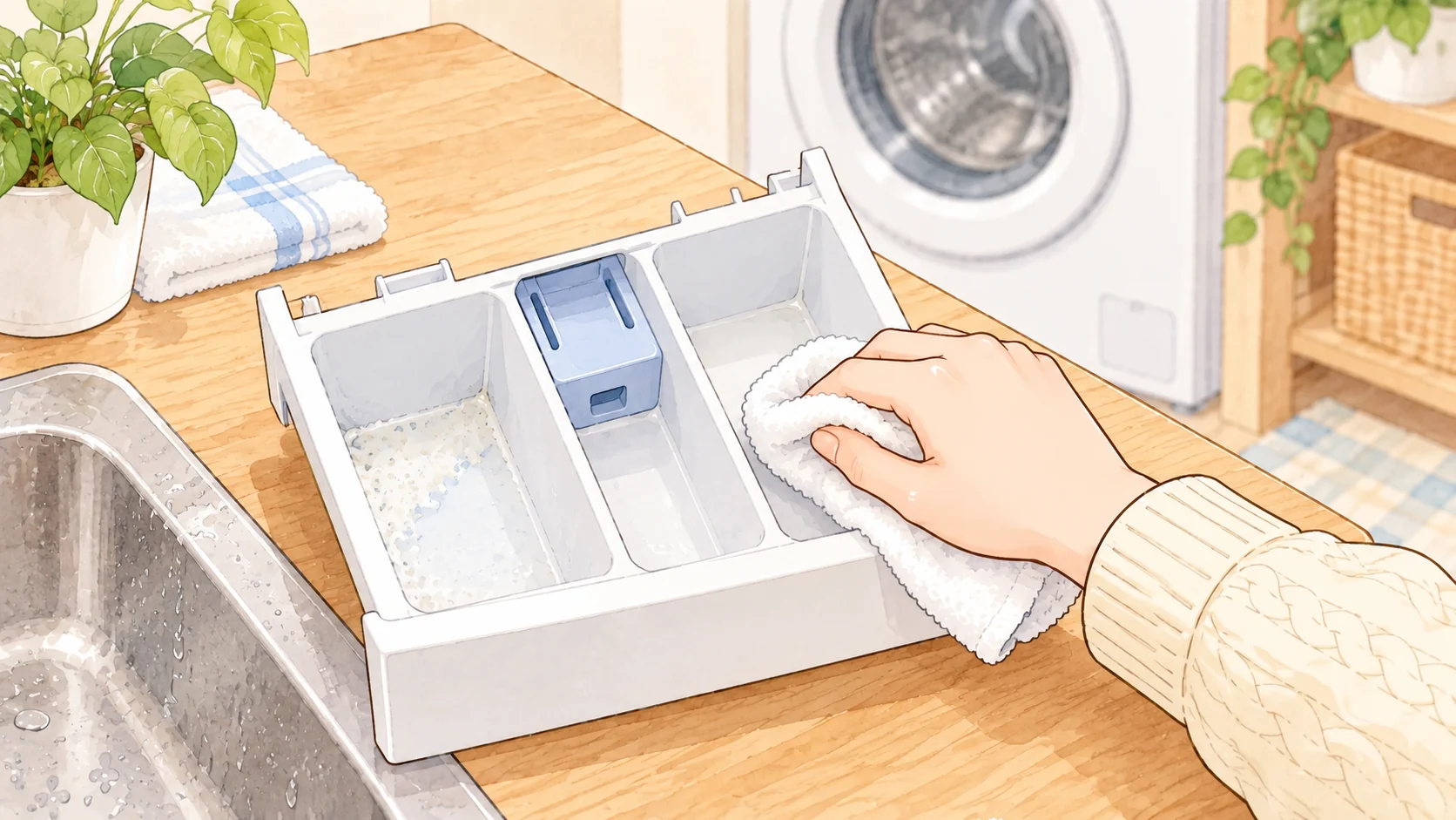 取り外した洗剤ケースの角に残る汚れを、湿らせた布で拭く手元