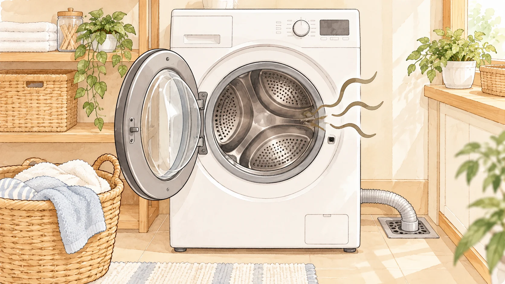 ドアを開けた洗濯機と、そばにある洗濯かごと排水口