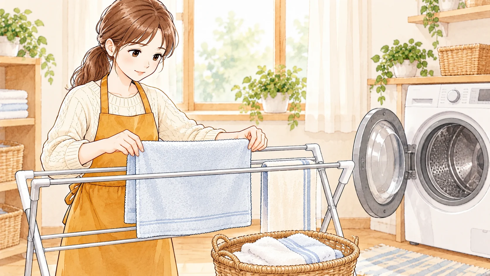 洗濯が終わったタオルをすぐに干し、空の洗濯機に衣類をためない様子